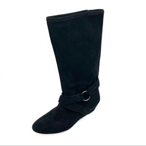 DKNYC 3 Ways Black Suede Scrunch Wedge Tall 6/36